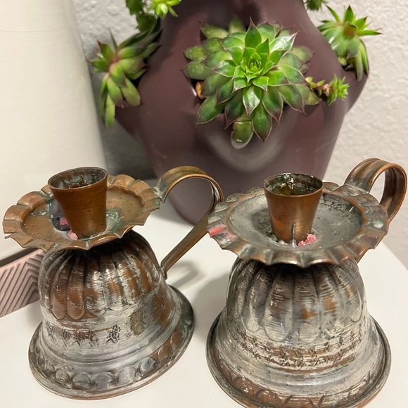 United Arab Republic Copper / Tin Candle Holder Set Of 2 Chamberstick 4.5”Tall - Picture 2 of 9